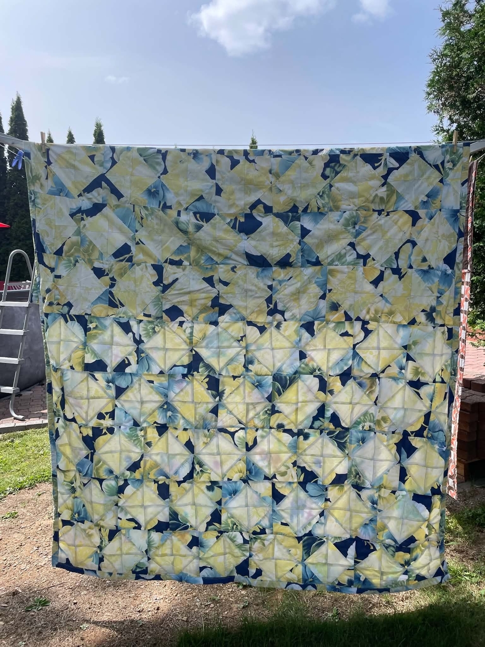 Vintage Blue and Yellow Floral Quilt Throw